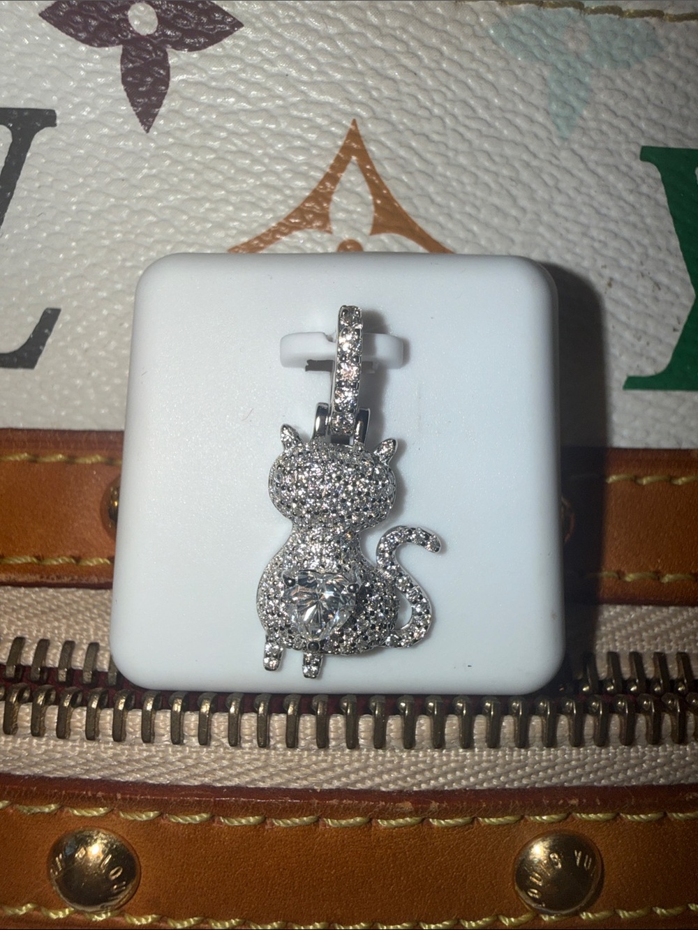 Sterling Silver Cat Charm Pendant with Moissanite Stone 9.25 1.50 CTW